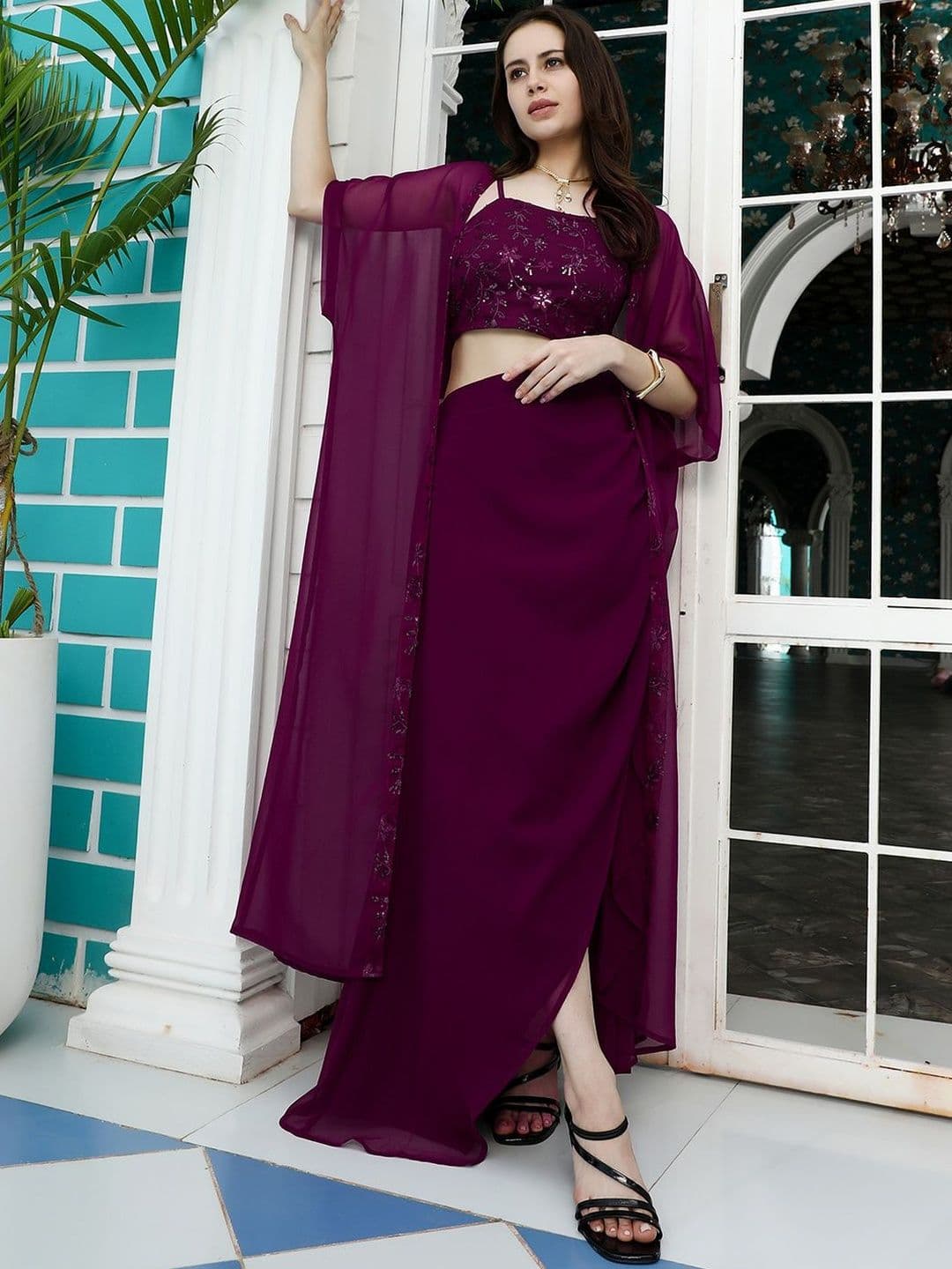 QISSA Women Floral Purple Embroidered Top Shrug & Skirt Co-Ords - view 1