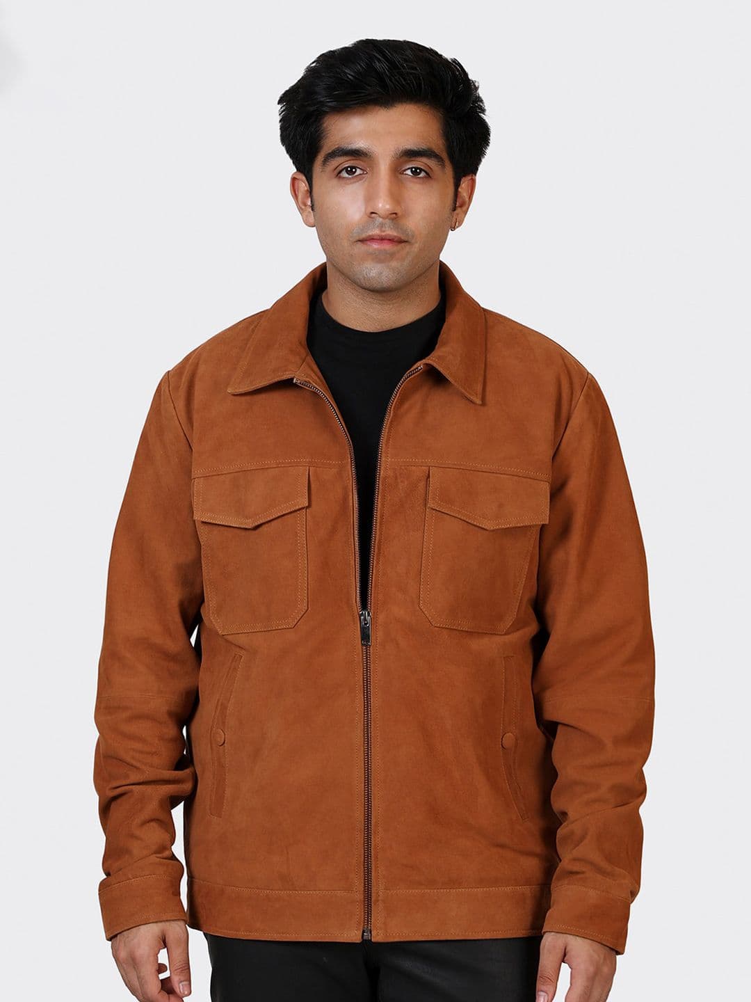 HUE & HIDE Men Spread Collar Solid Tailored Suede Leather Jacket - view 1