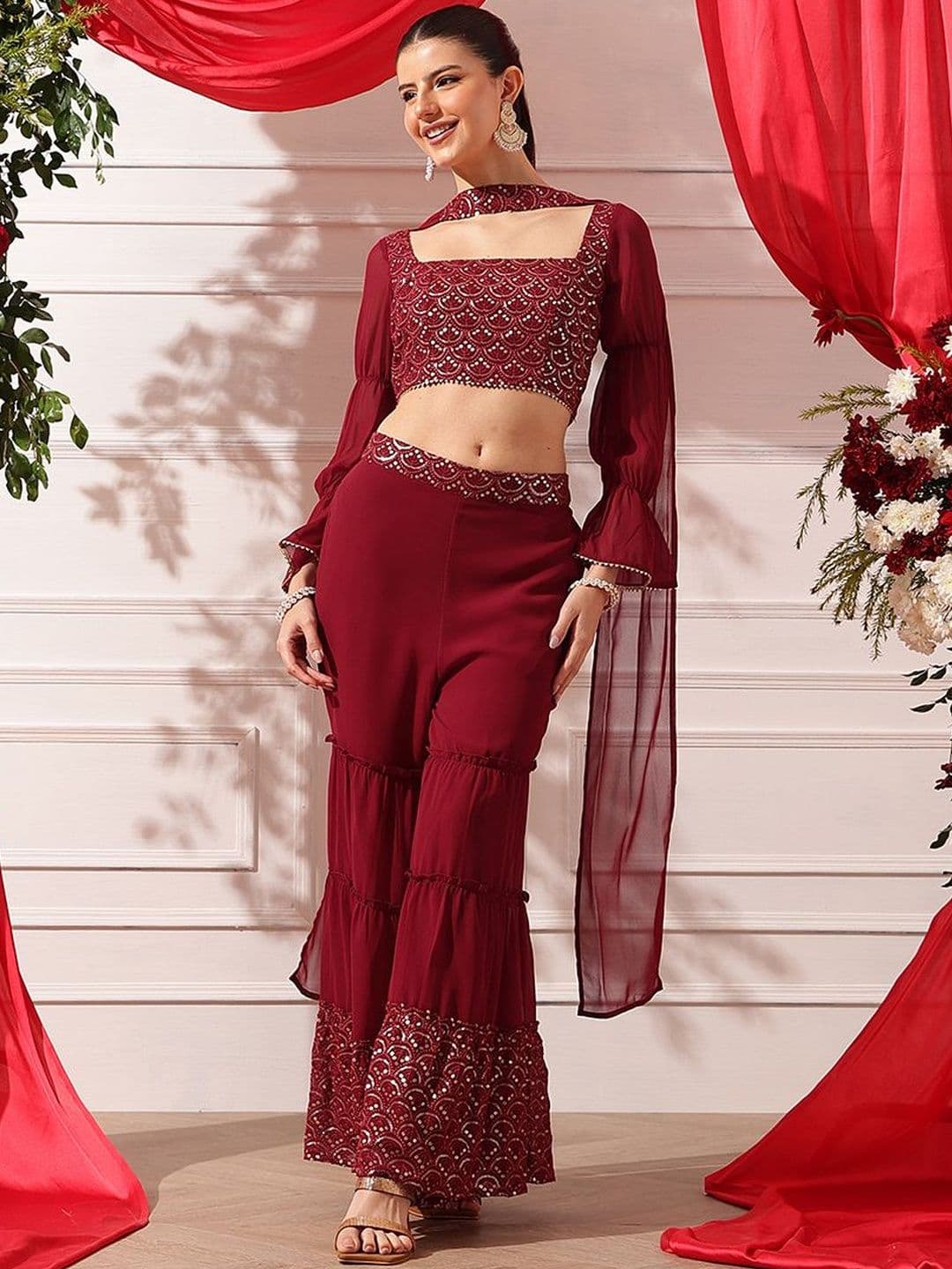 indo street Embellished Sequinned Ready to Wear Lehenga & Blouse With Dupatta - view 1