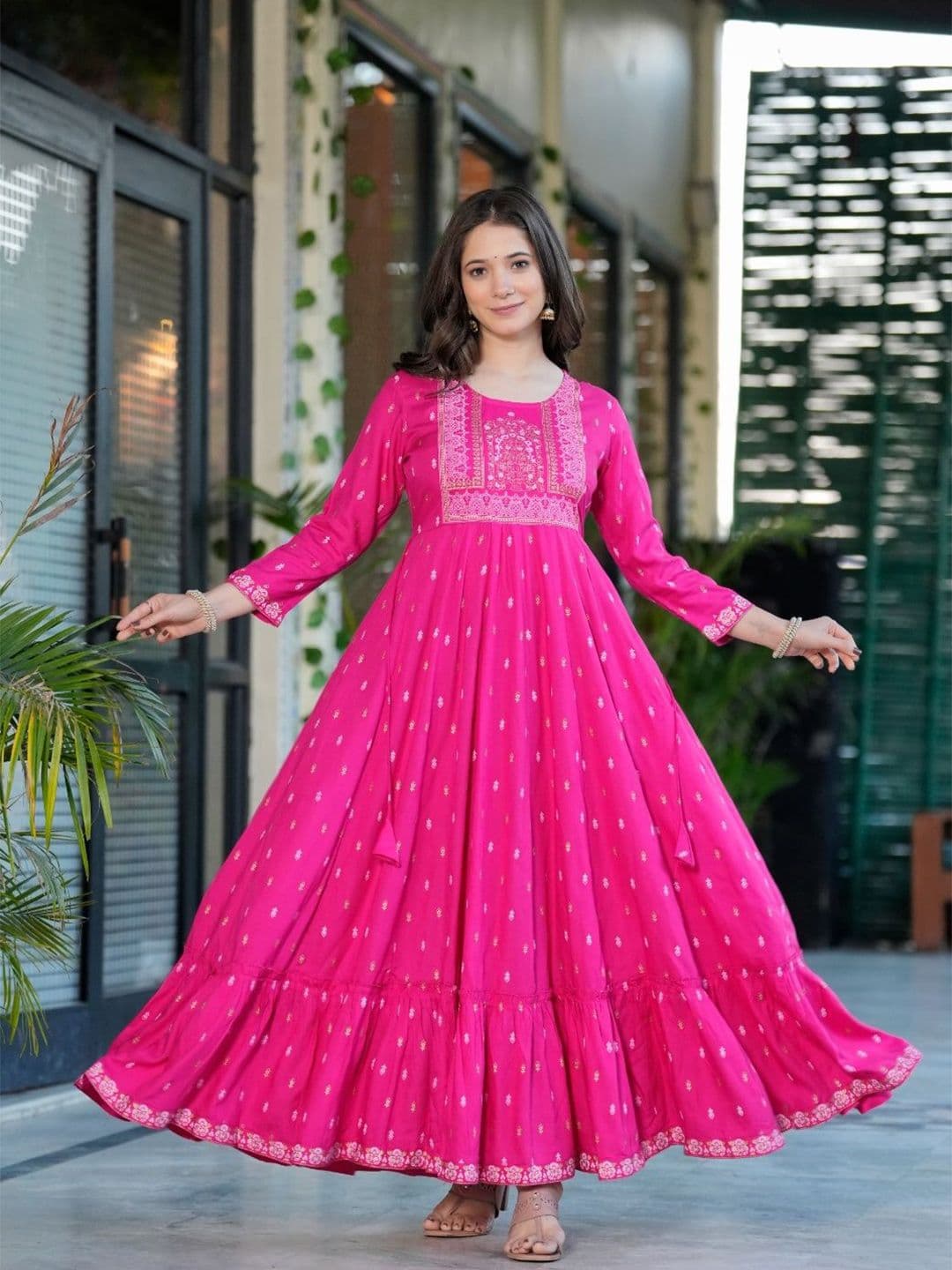 Koshiks Ethnic Motifs Printed Round Neck Tiered Anarkali Kurta - view 1