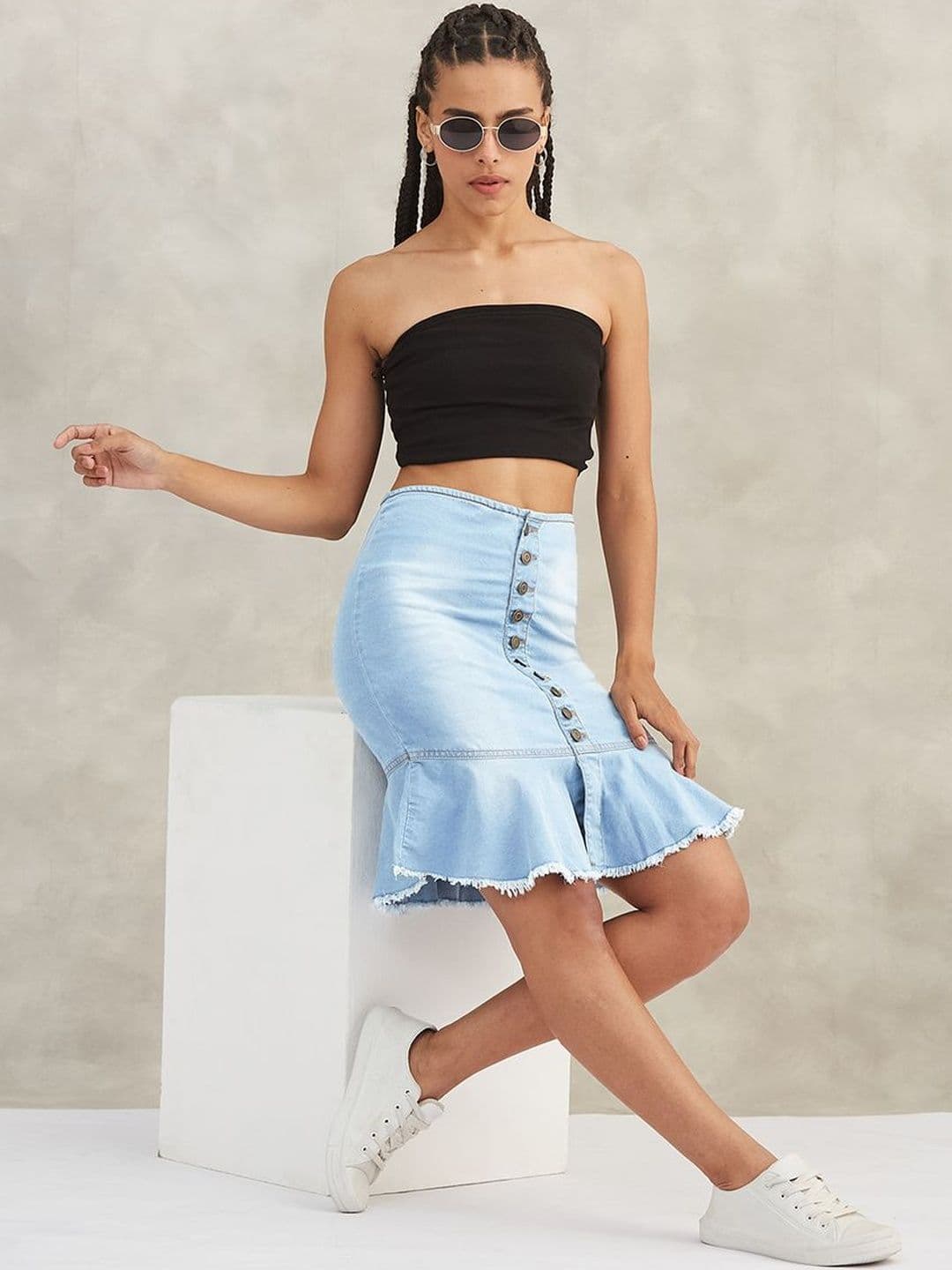 DOLCE CRUDO Women's Regular Fit Mid Rise Clean Look Midi Lightweight Denim Skirt - view 1