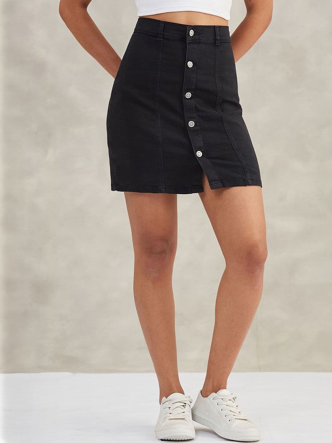 DOLCE CRUDO Women's Stretchable Solid Bodycon Mini Denim Skirt - view 1