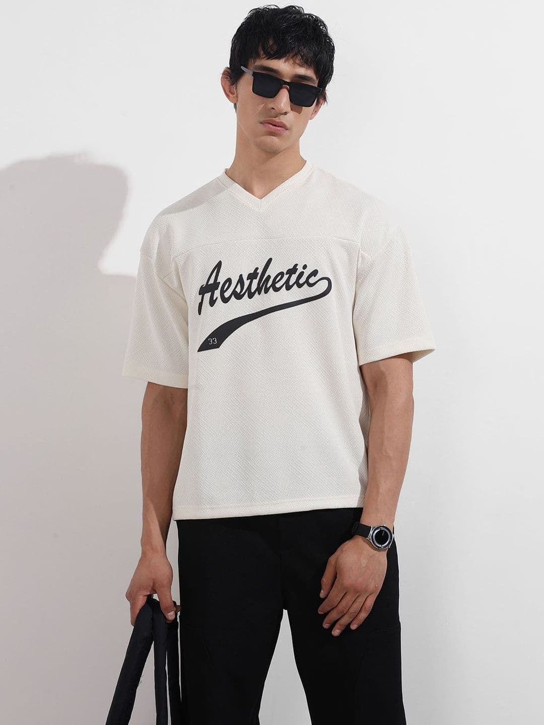 The Indian Garage Co Typography Printed V-Neck Boxy T-shirt - view 1