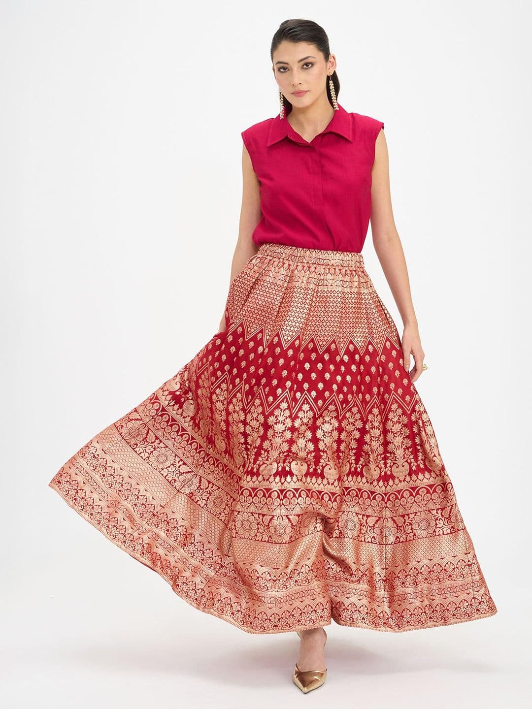 Virgio Women Brocade Printed Viscose Rayon Gathered Maxi Flared Skirts - view 1