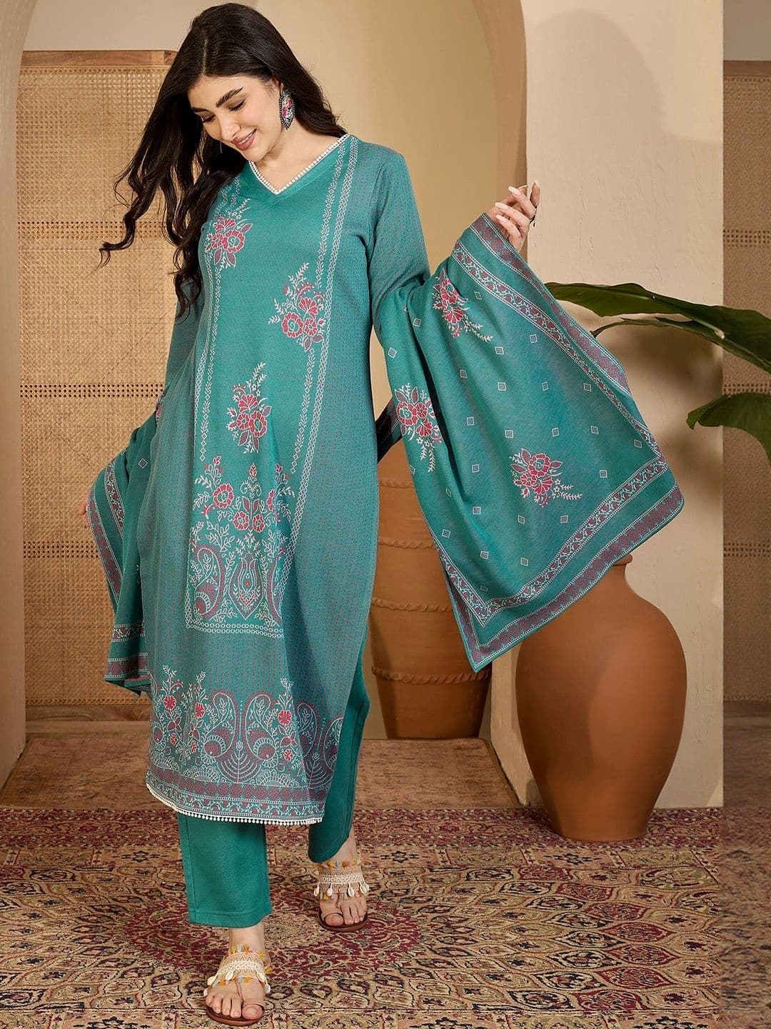 Sangria Ethnic Motifs Winter Pashmina Woven Design Straight Kurta With Trouser & Dupatta - view 1