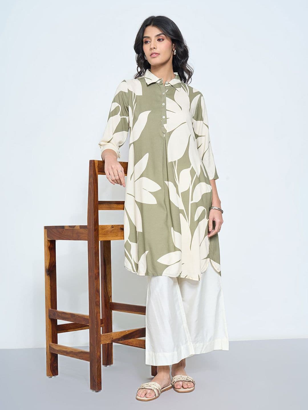 RANGMANCH BY PANTALOONS Floral Printed Shirt Collar A-Line Kurta - view 1