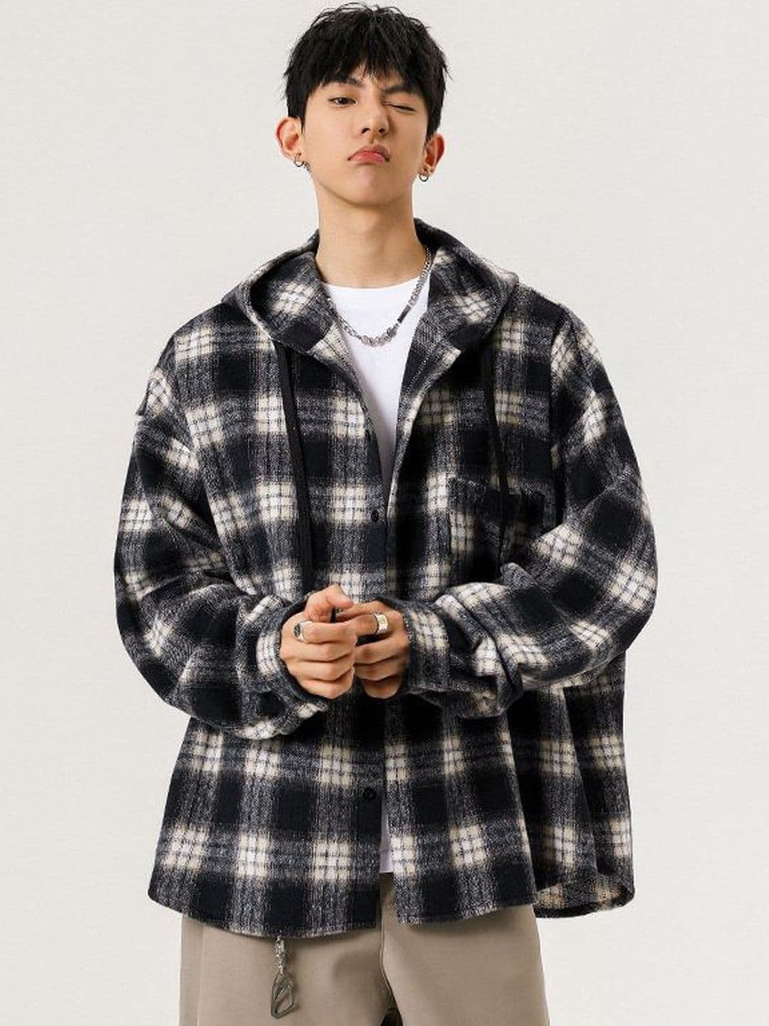 StyleCast x Revolte Men Black Ombre Checked Hooded Jacket - view 1