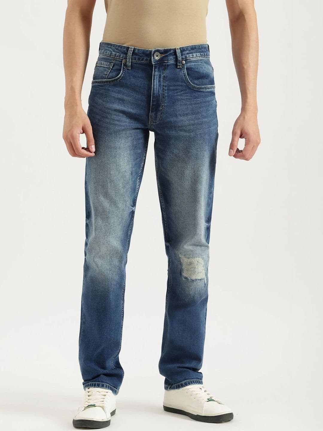 United Colors of Benetton Men Straight Fit Mid-Rise Mildly Distressed Light Fade Jeans - view 1