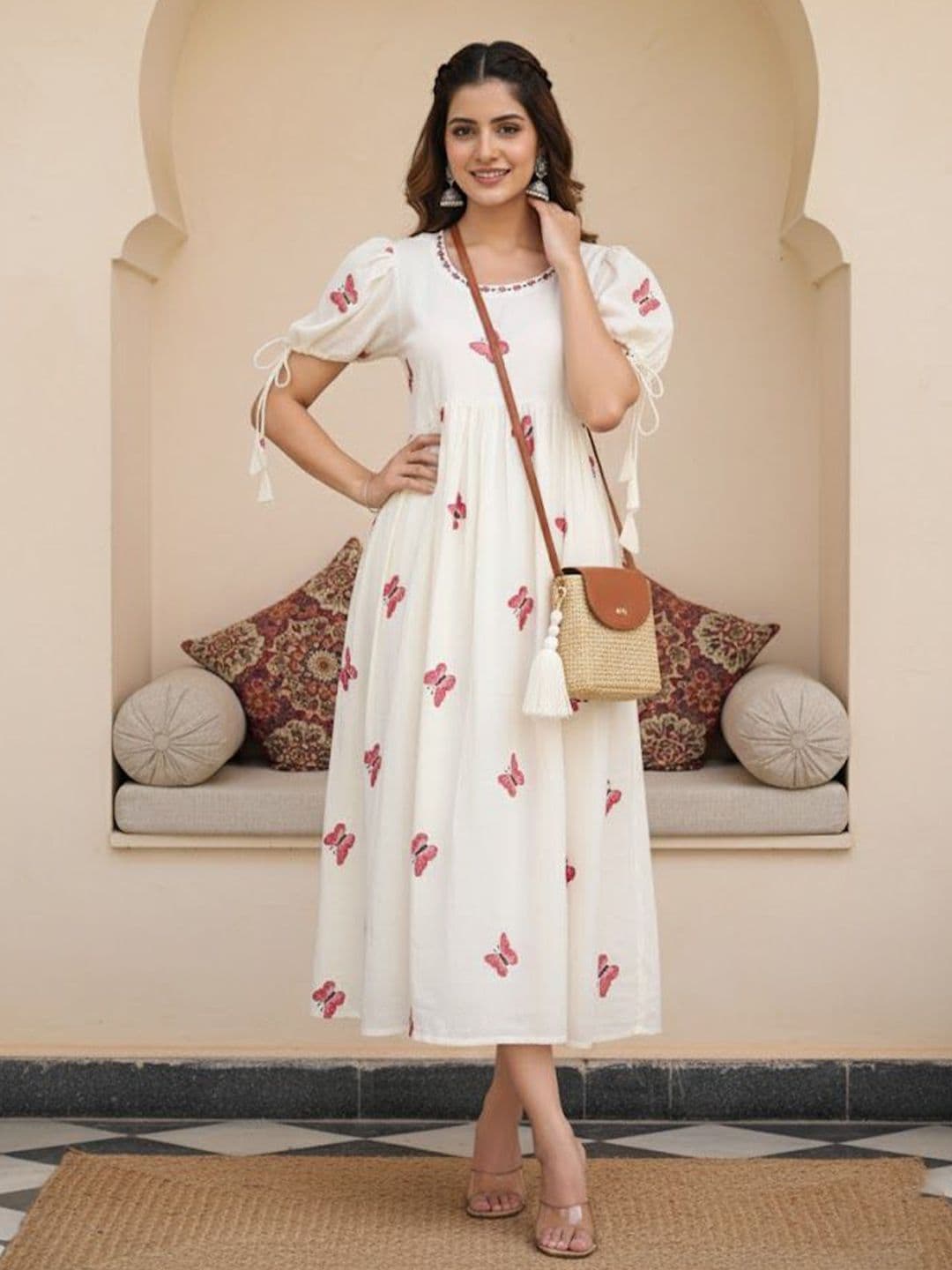 SZN Women Off-White Printed Mul Cotton A-Line Round Neck Puff Sleeve Calf Length Kurta - view 1