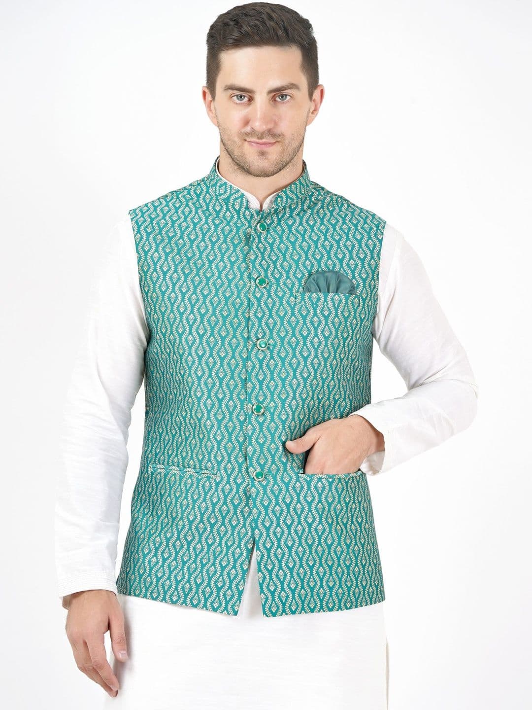 Badoliya & Sons Woven Design Mandarin Collar Nehru Jacket With Pocket Square - view 1