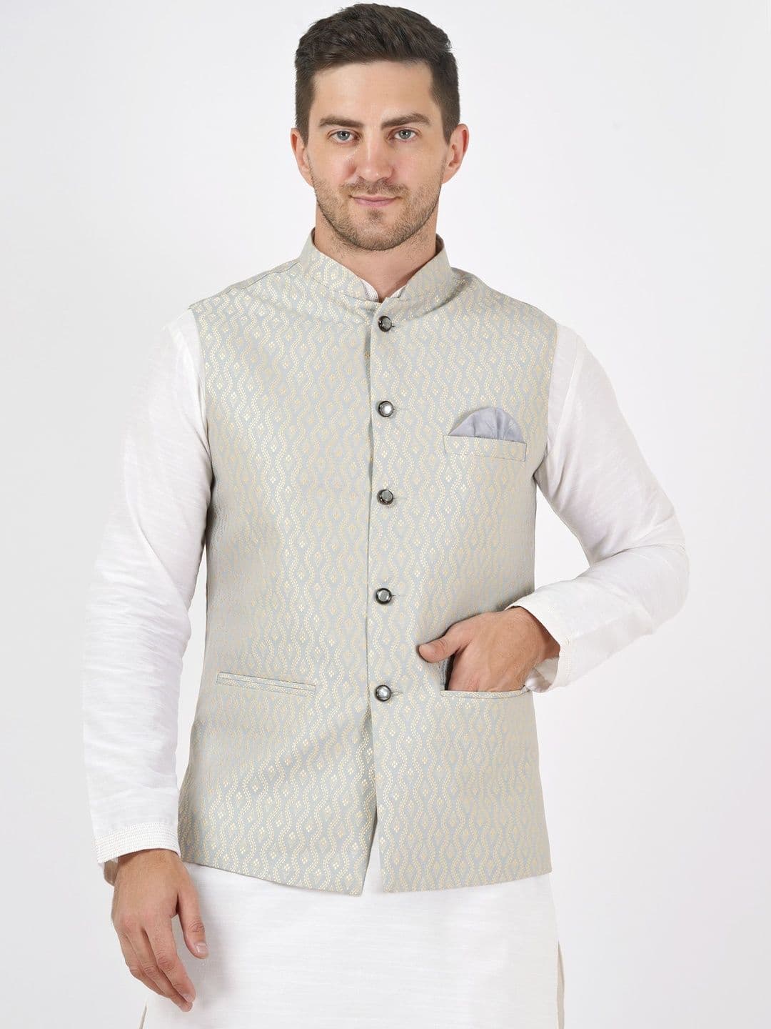 Badoliya & Sons Woven Design Mandarin Collar Nehru Jacket With Pocket Square - view 1