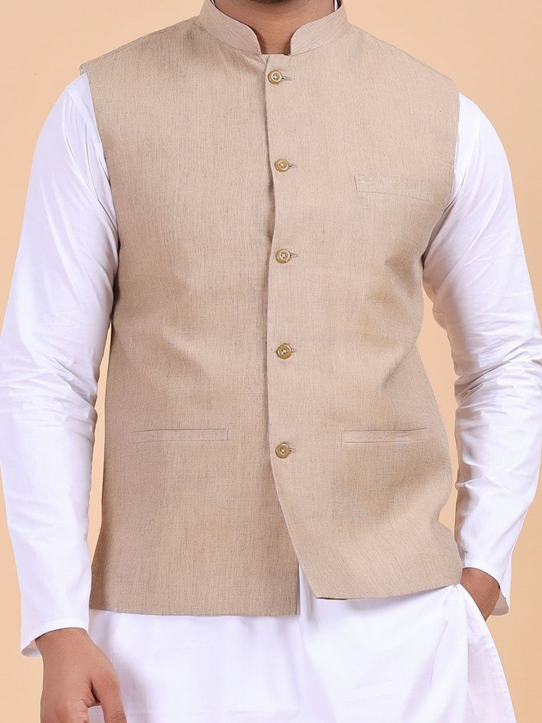 W & G Men Woven Design Pure Cotton Solid Mandarin Collar Sleeveless Nehru Jacket