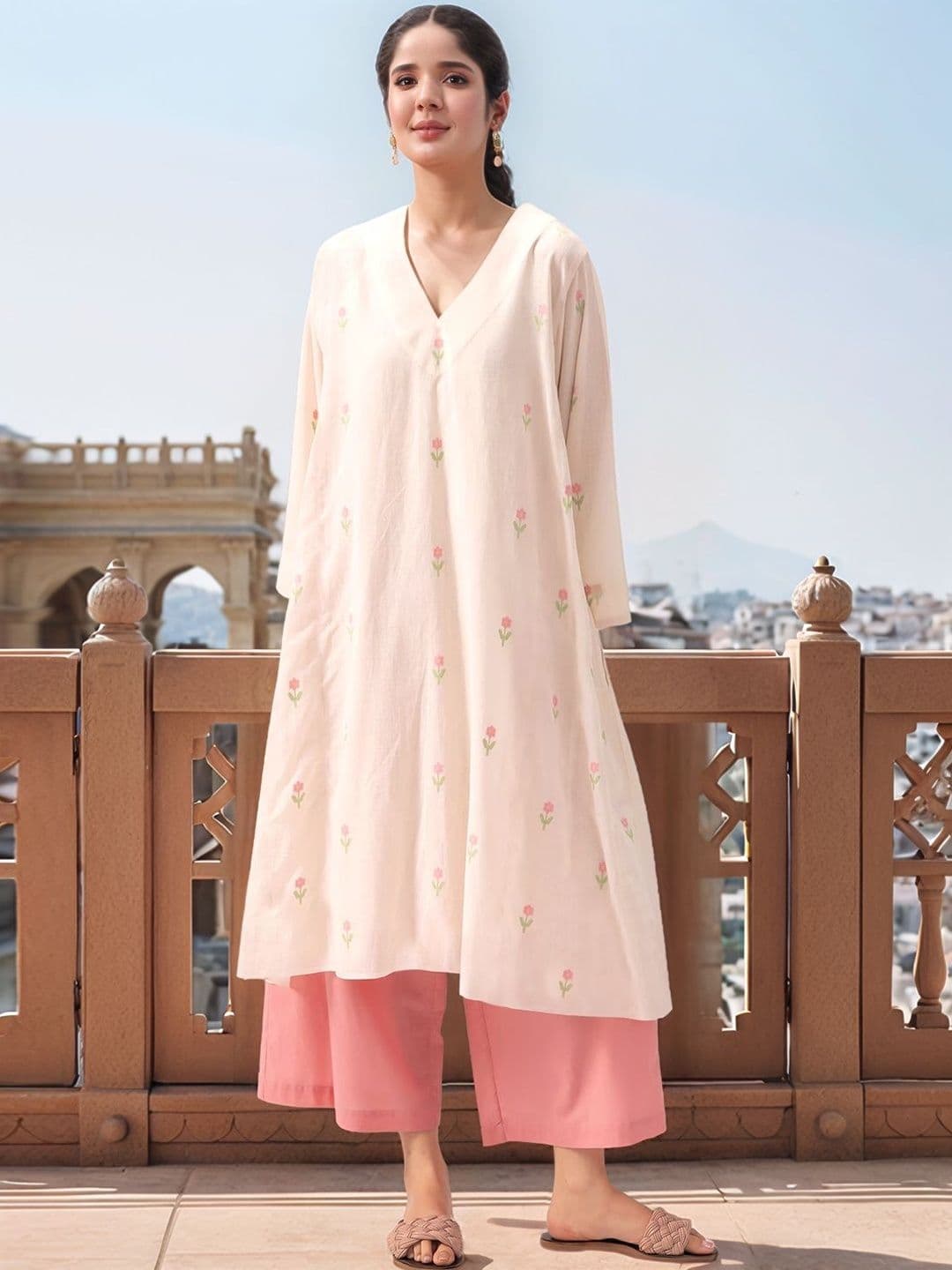 SZN Floral Printed V-Neck Three-Quarter Sleeves A-Line Kurta With Palazzos - view 1