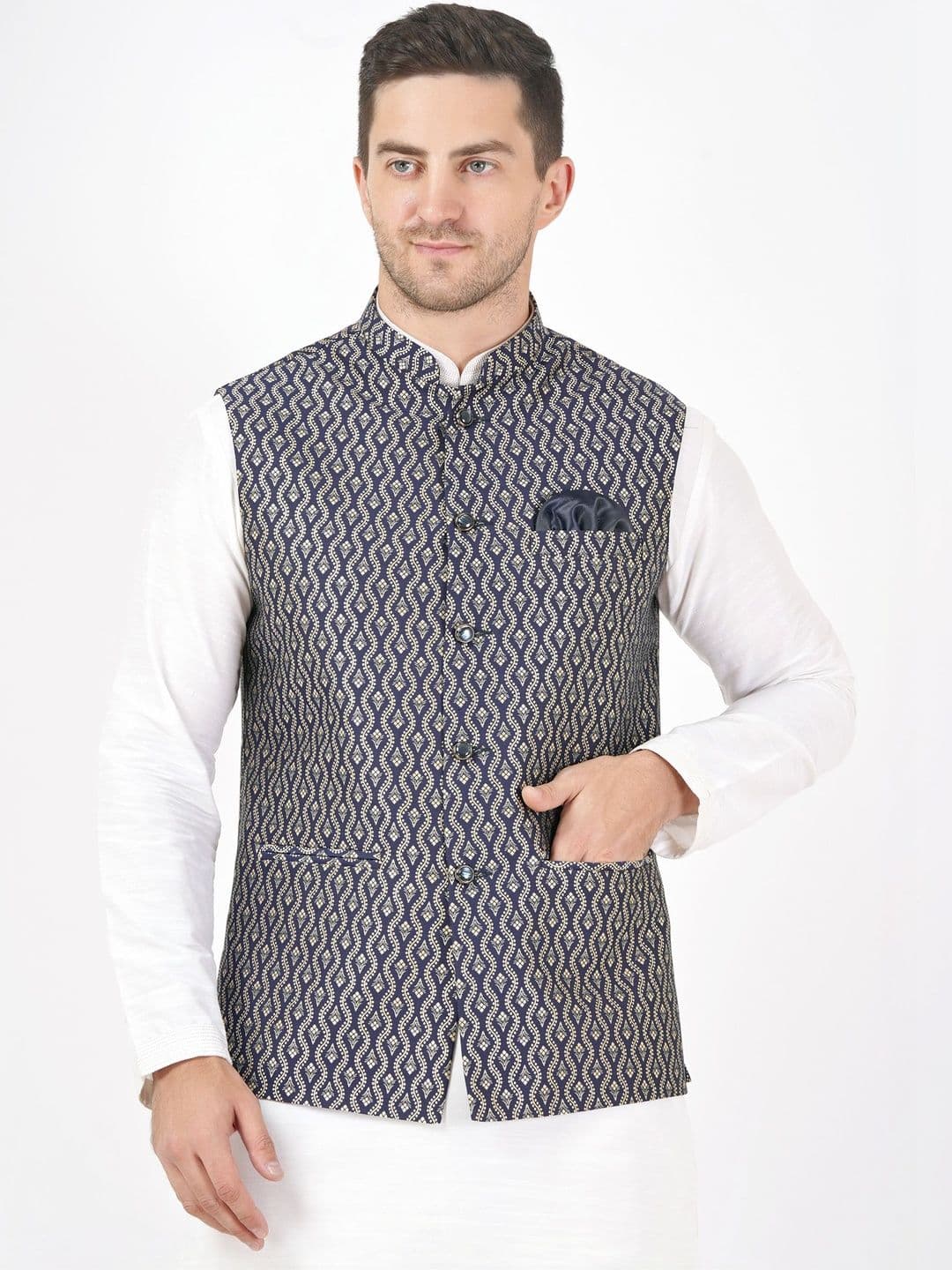 Badoliya & Sons Men Woven Design Mandarin Collar Nehru Jacket With Pocket Square - view 1