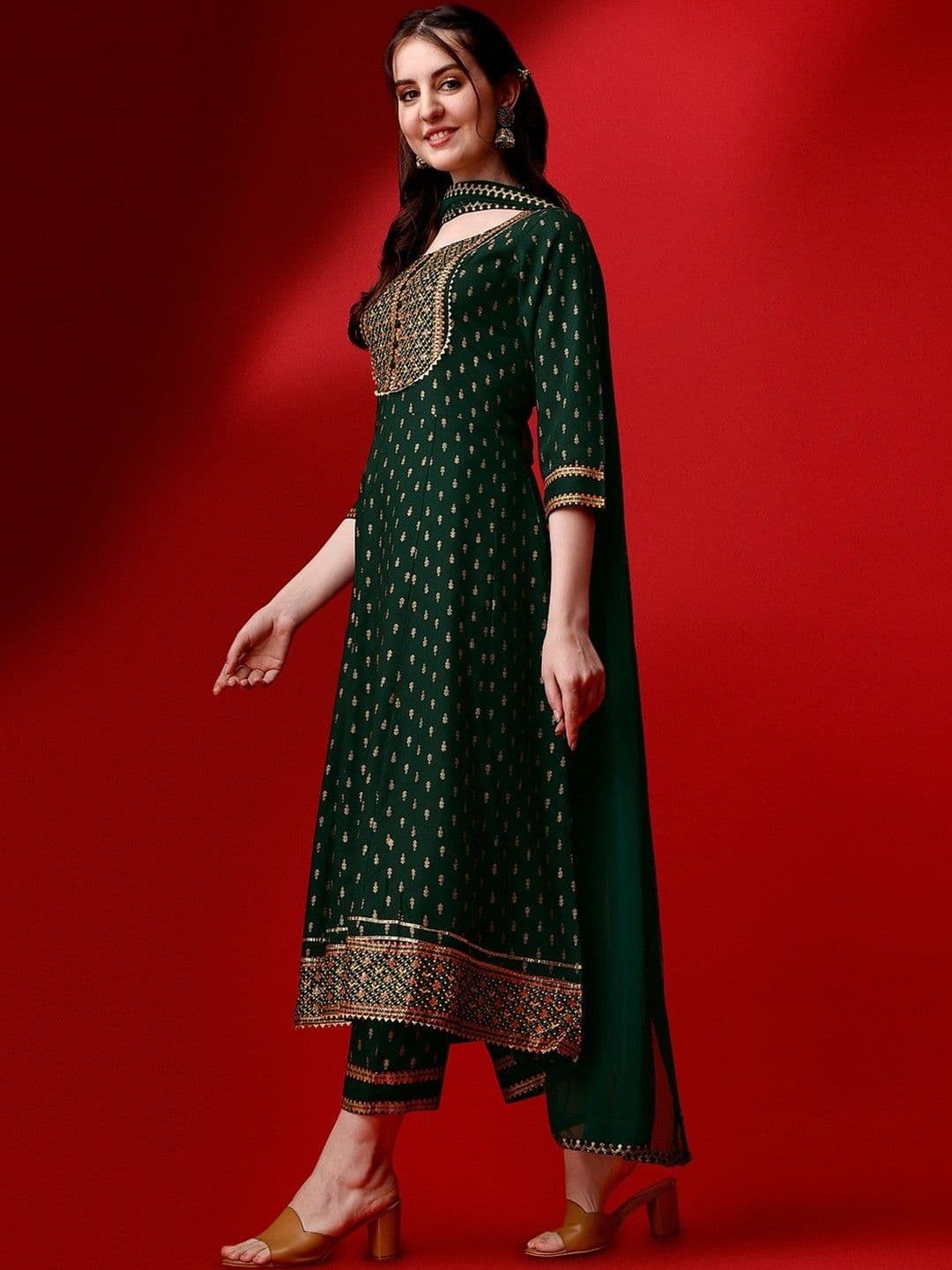 QUEENSFAB Ethnic Motifs Yoke Design Panelled Gotta Patti Kurta With Trousers & Dupatta - view 1