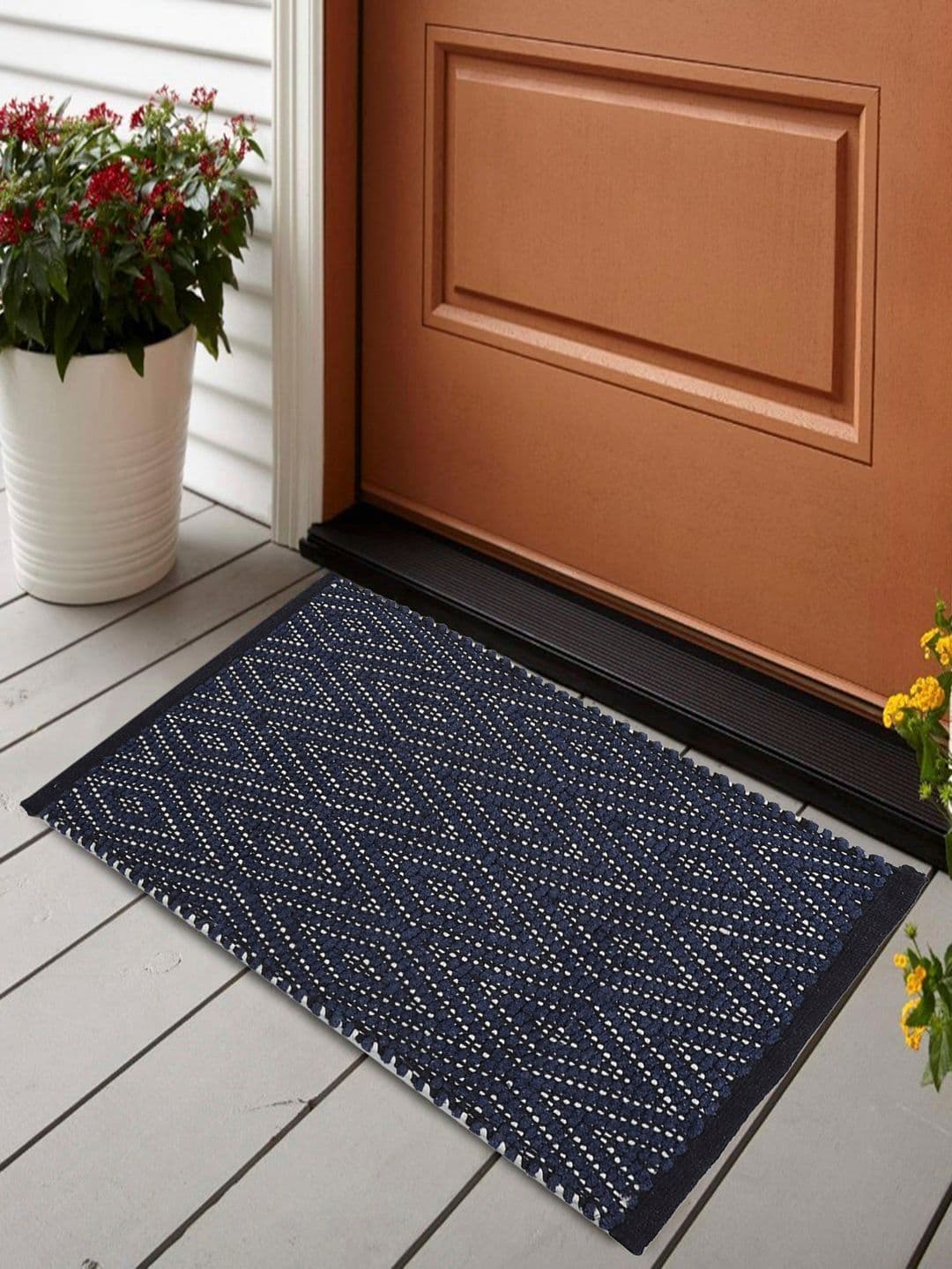 Status Navy Blue Woven Design Cotton Anti-Slip Doormats- 38 X 58 CM - view 1