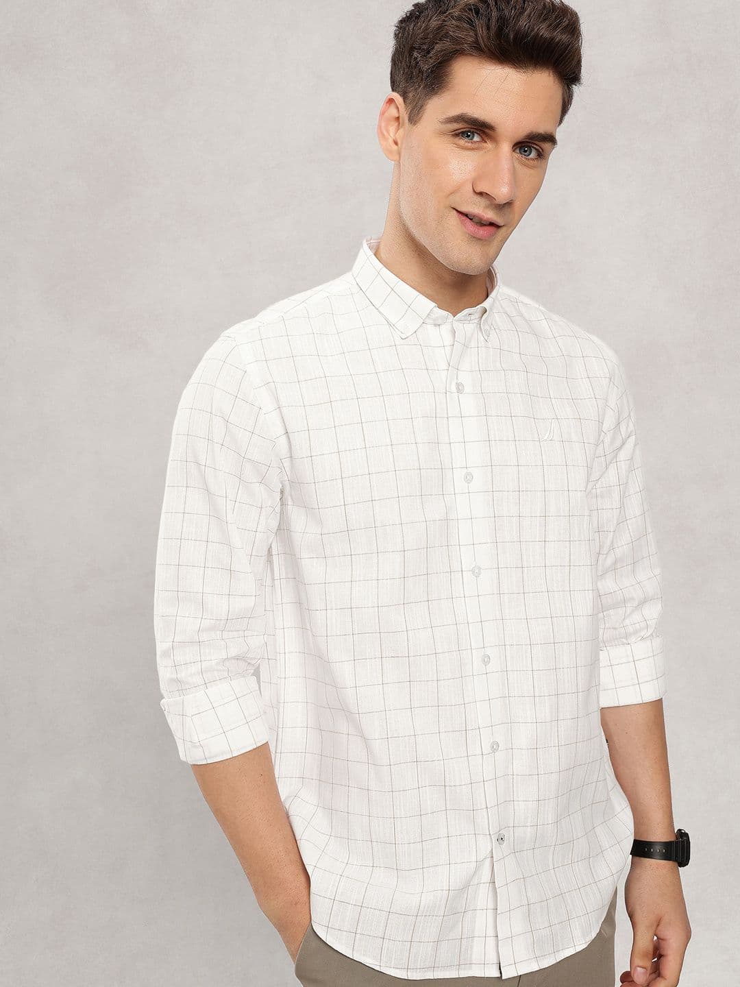 Nautica Slim Fit Windowpane Checked Cotton Linen Casual Shirt - view 1