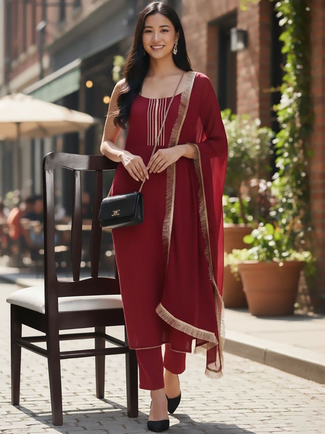 AADVIKA Scoop Neck No Sleeves Gotta Patti Straight Kurta With Trousers & Dupatta - view 1