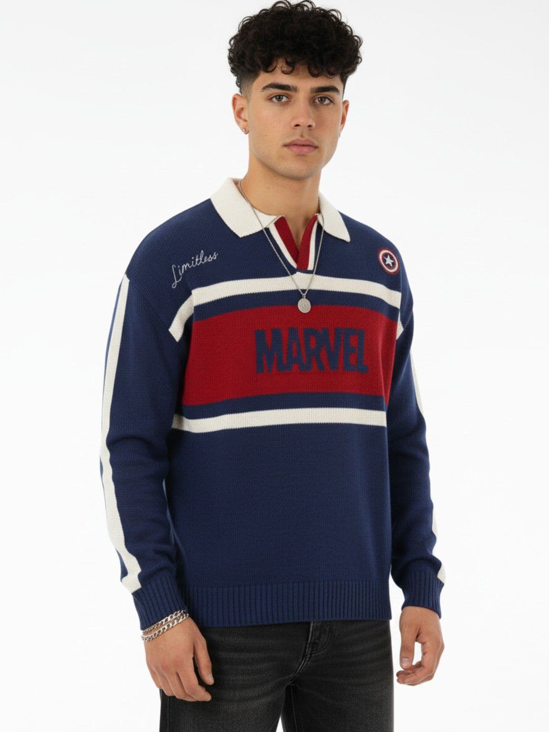 glitchez Typography Marvel Shirt Collar Drop-Shoulder Sleeves Oversized Sweaters - view 1