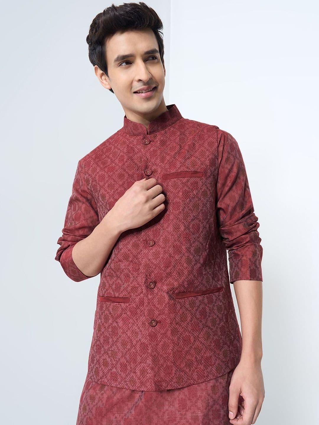 indus route by Pantaloons Woven Design Mandarin Collar Pure Cotton Nehru Jacket - view 1
