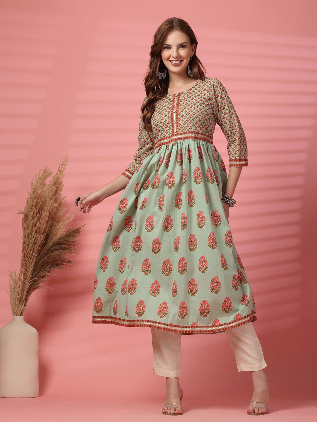 KALINI Floral Printed Cotton A-Line Empire Kurta - view 1