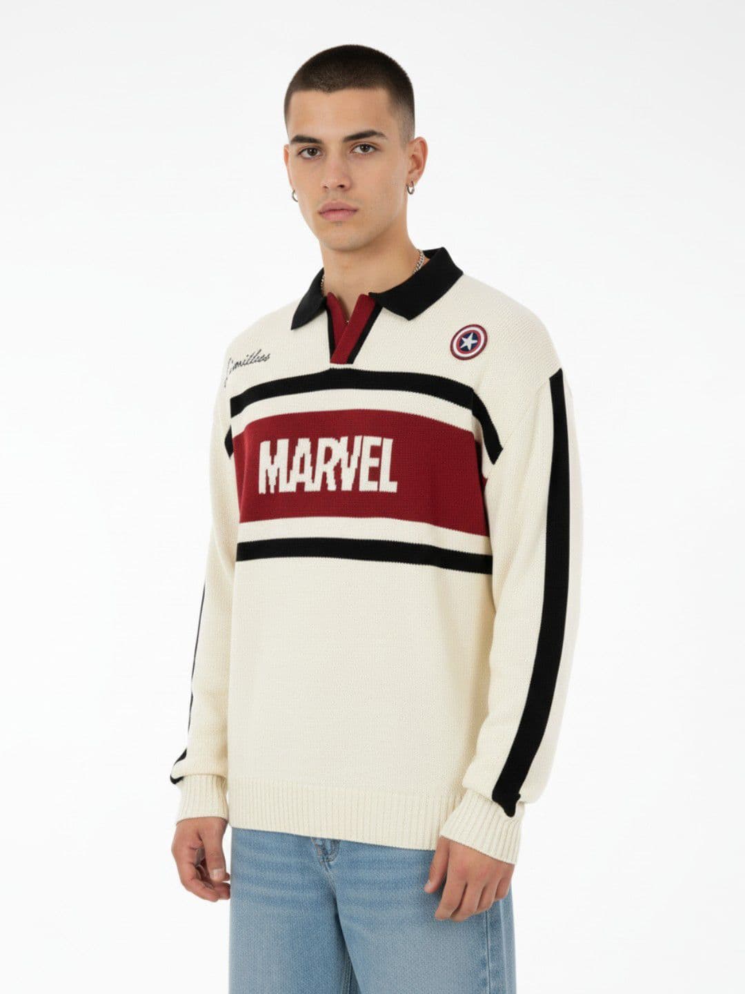 glitchez Typography Marvel Shirt Collar Drop-Shoulder Sleeves Oversized Sweaters - view 1