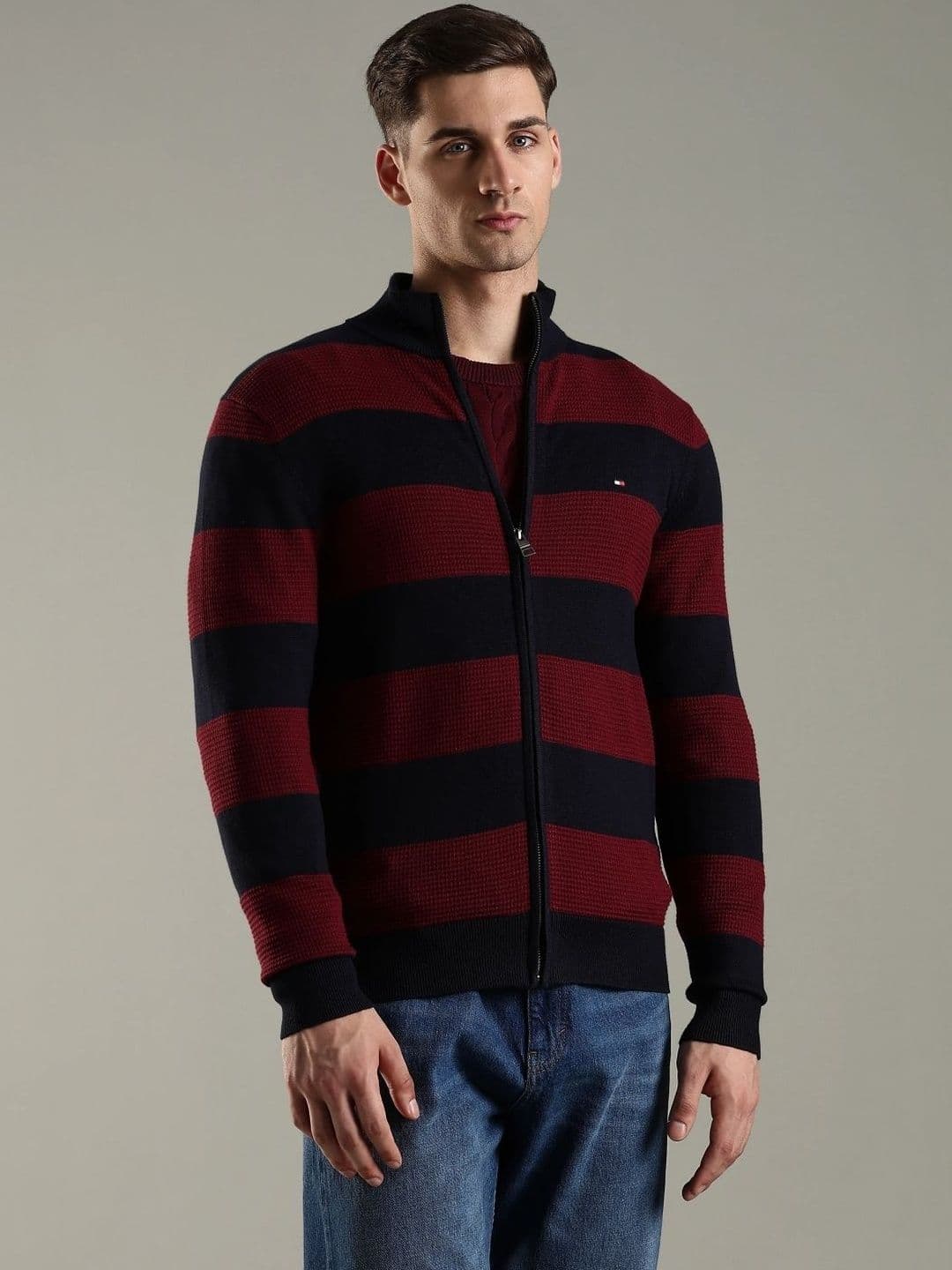 Tommy Hilfiger Striped Stand Collar Organic Cotton Open Front Jacket - view 1