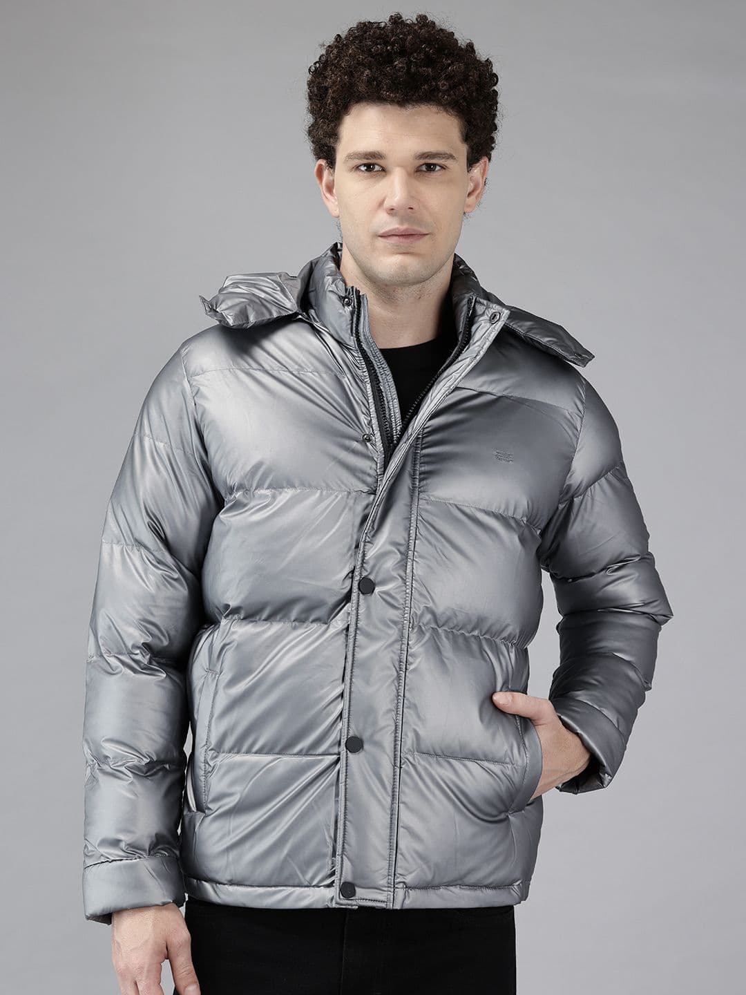 METTLE Metallic Finish Puffer Jacket with Detachable Hood - view 1