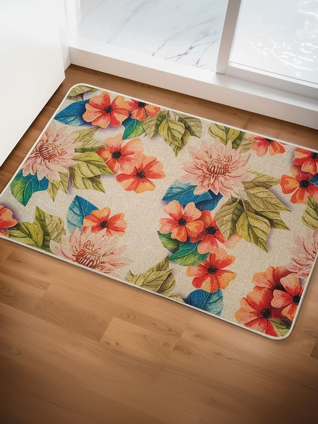 Yellow Weaves Beige & Red Floral Printed Anti-Slip Super-Absorbent 300-GSM Bath Rug - view 1