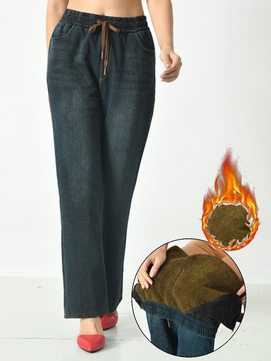 PIKAYO Straight Leg Mid-Rise Winter Warm Thermal Jeans - view 1