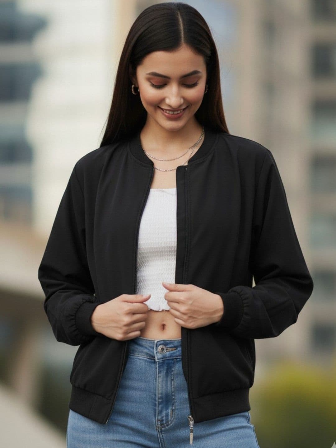 Leotude Women Collarless Solid Bomber Jacket - view 1