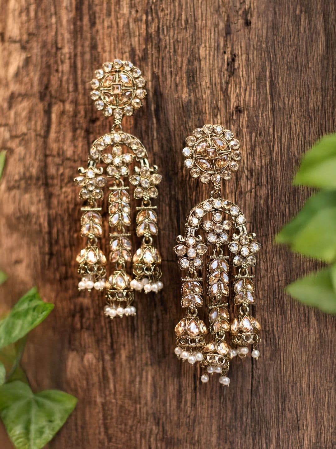 zarmar fashion Gold-Plated Artificial Stones Studded & Beaded Floral Shaped Drop Earrings - view 1