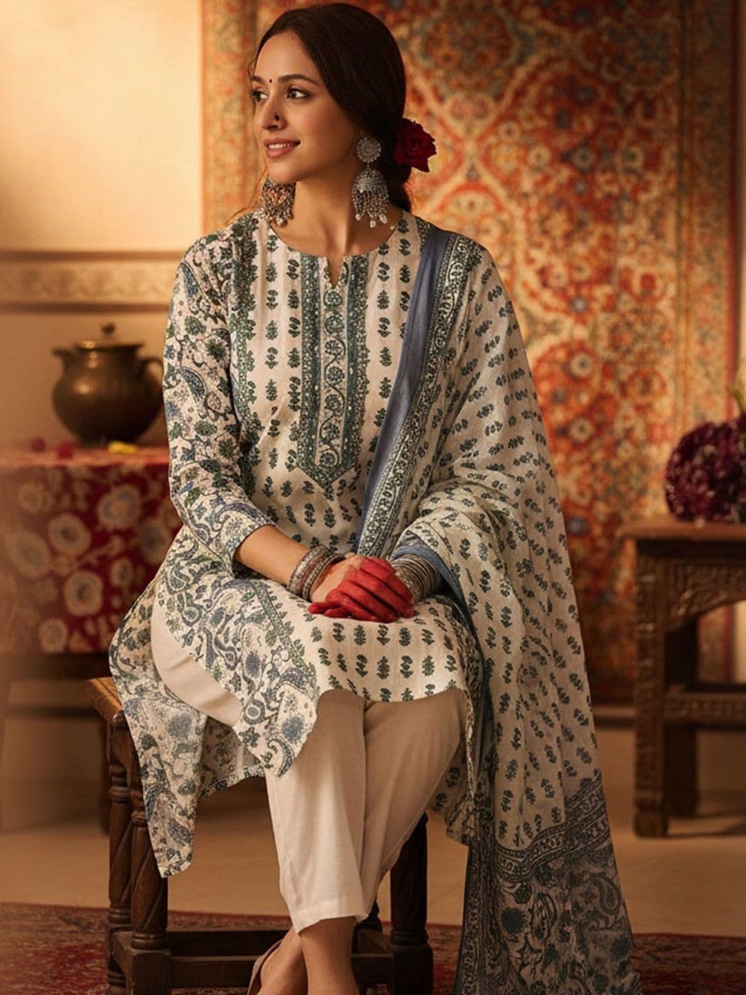 Indo Era Ethnic Motifs Printed Pure Cotton Kurta With Trousers & Dupatta - view 1
