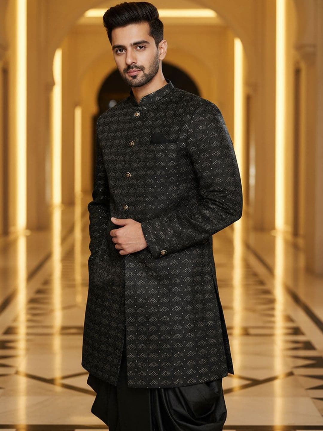 KISAH Men Woven Design Indowestern Sherwani Dhoti Set
