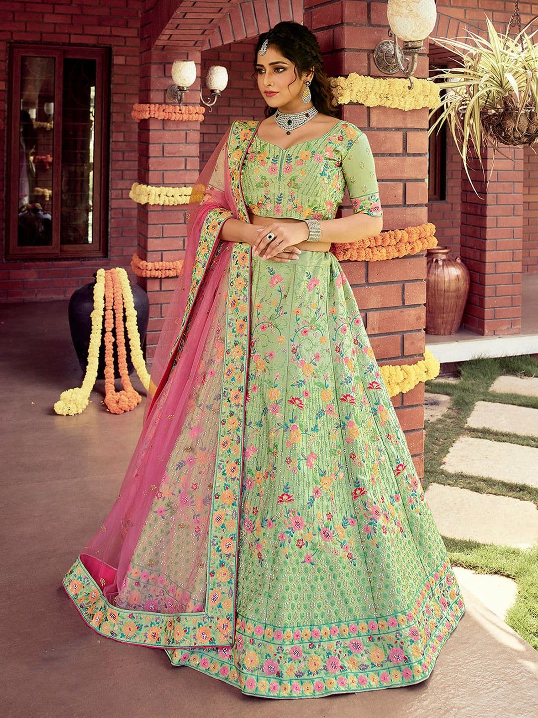 ODETTE Green & Pink Thread Work Semi-Stitched Lehenga Unstitched Blouse With Dupatta - view 1