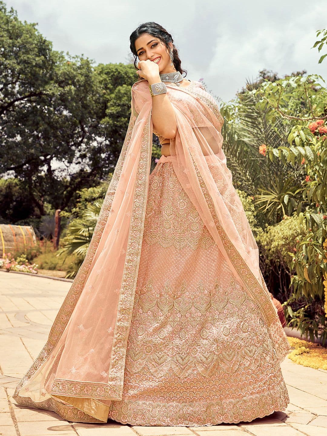 ODETTE Peach & Gold Embroidered Thread Work Semi-Stitched Lehenga & Unstitched Blouse With - view 1