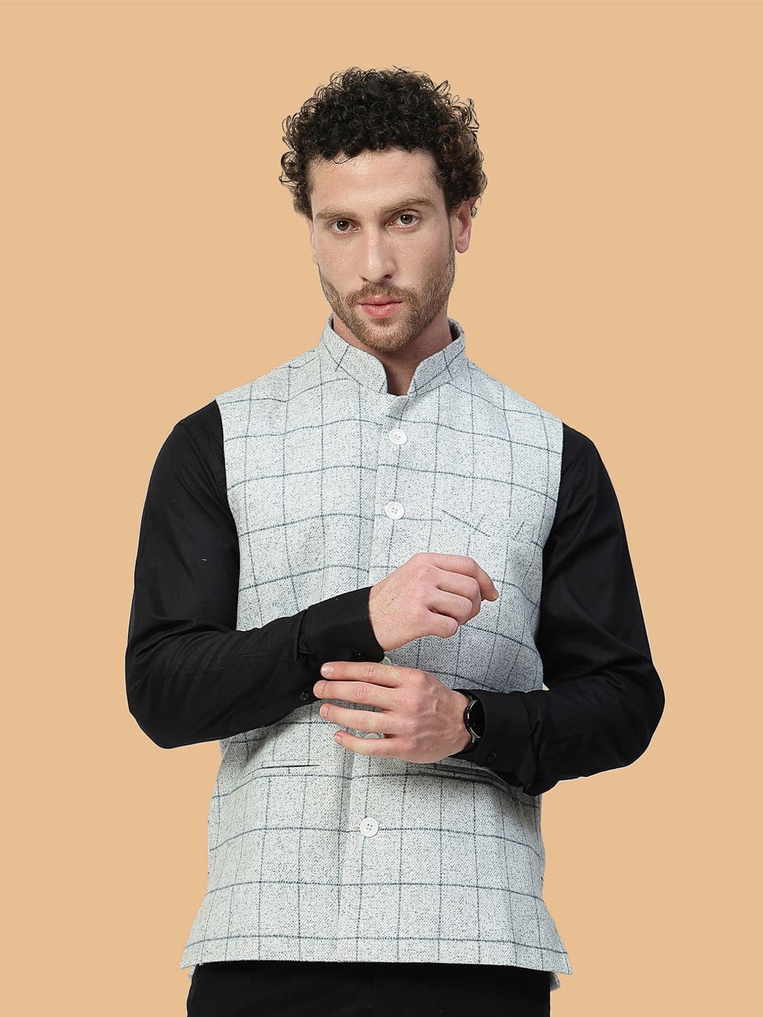 Vastraa Fusion Men Checked Mandarin Collar Sleeveless Pure Wool Nehru Jacket - view 1