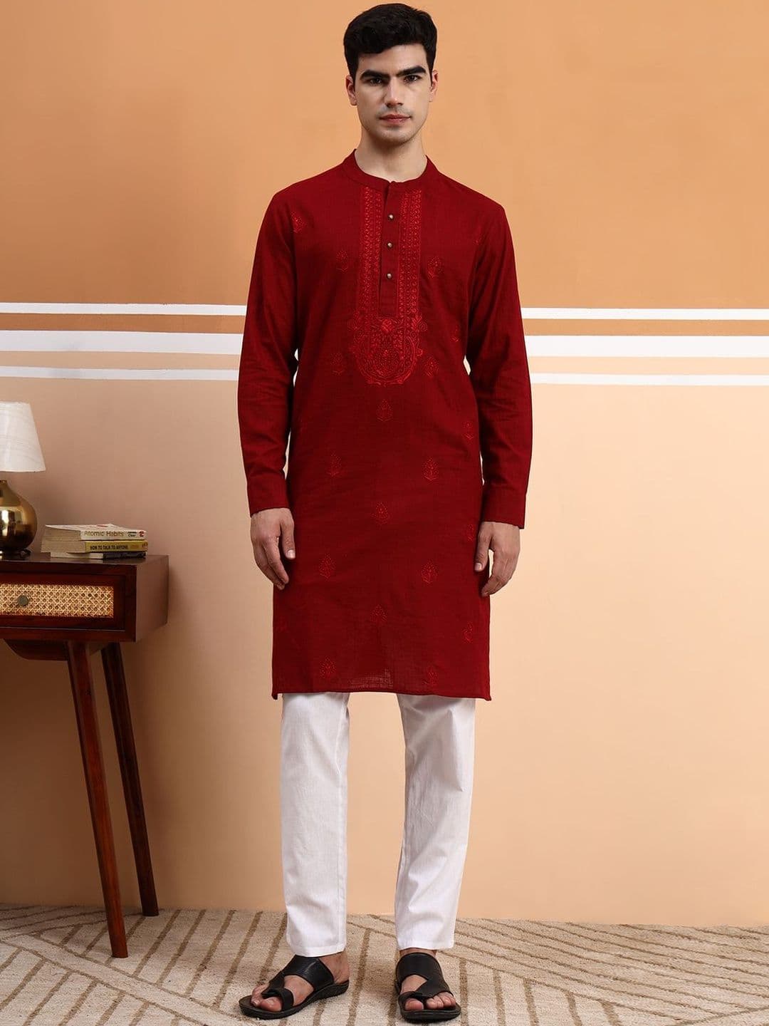 House of Pataudi Embroidered Pure Cotton Straight Kurta - view 1