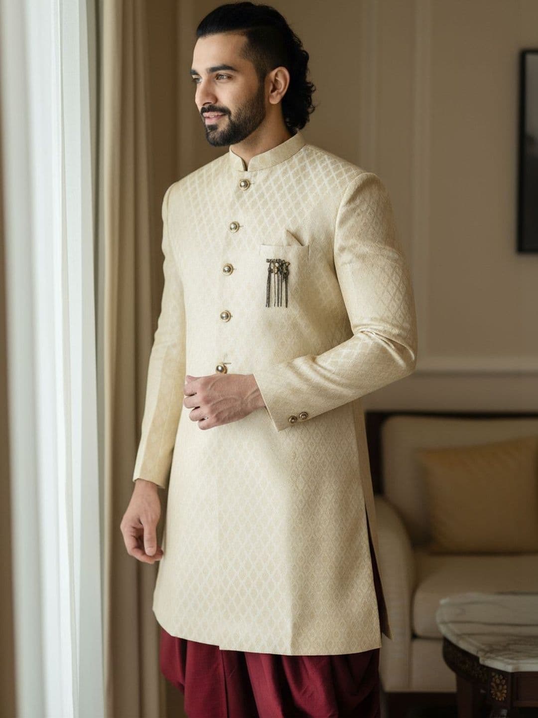 KISAH Men Woven Design Indowestern Sherwani Dhoti Set