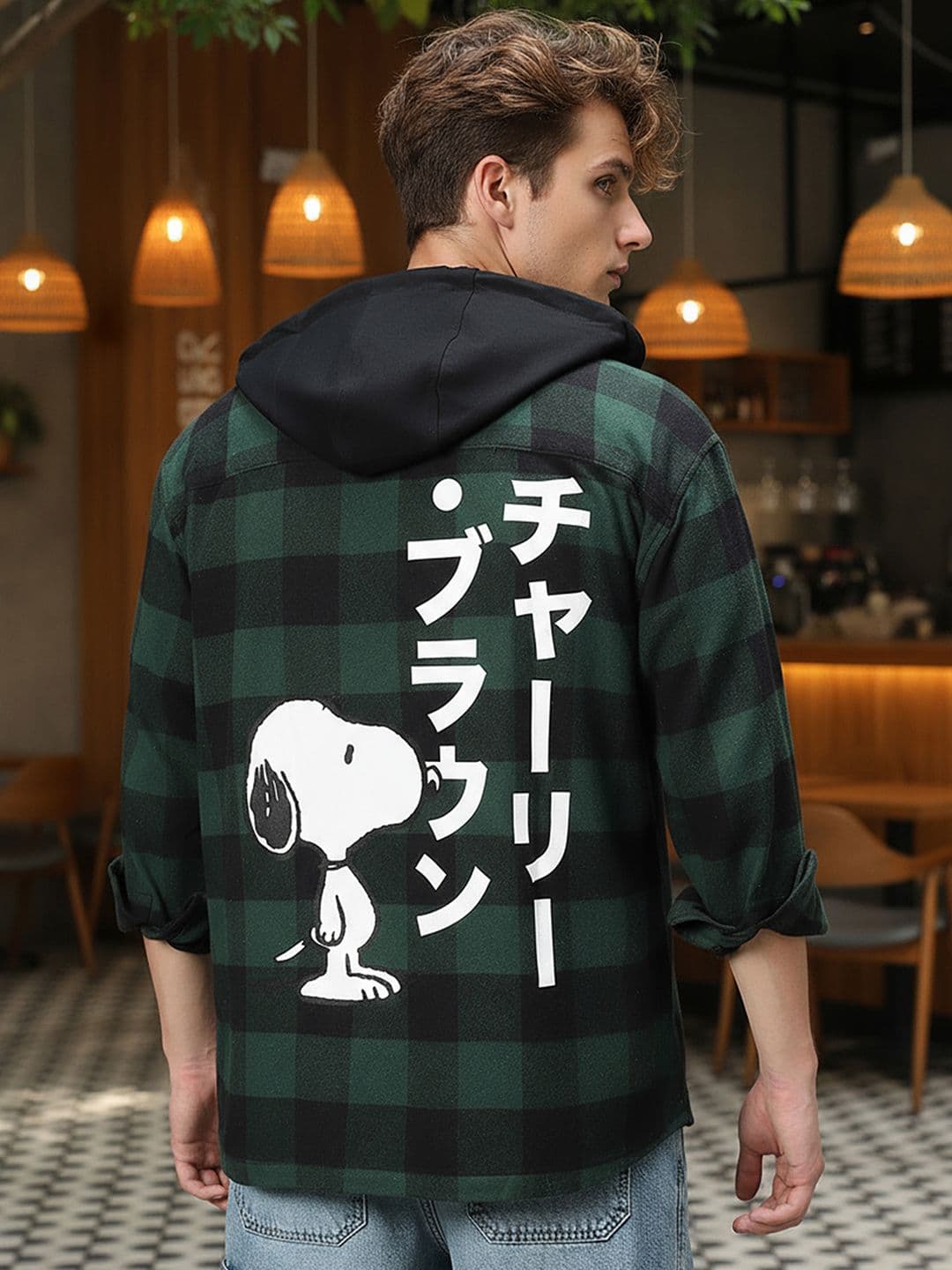 Bewakoof Peanuts Men's Green & Black Snoopy Checked Oversized Hooded Shirt - view 1