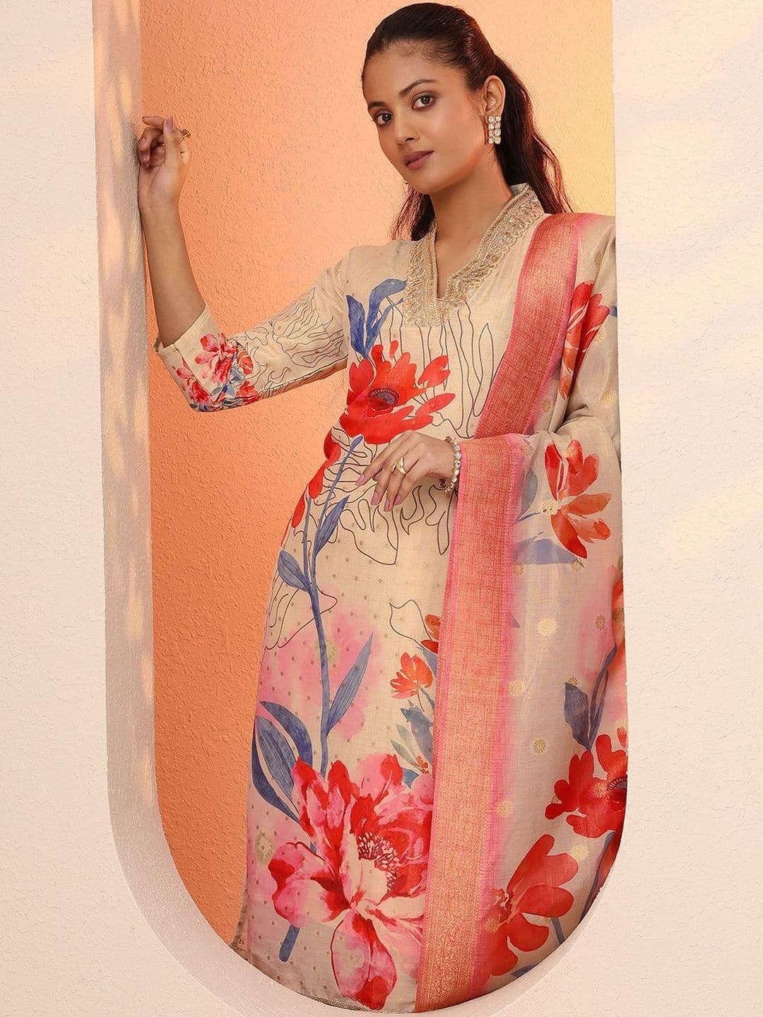 Libas Women Floral Printed Regular Sequinned Kurta with Trousers & With Dupatta - view 1