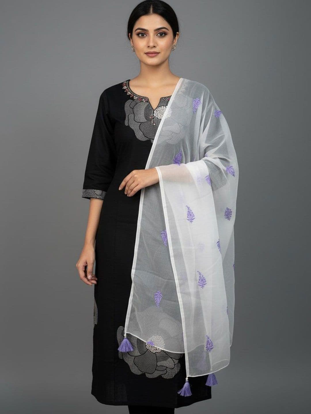 Sangria Ethnic Motifs Embroidered Dupatta with Tasselled Border - view 1