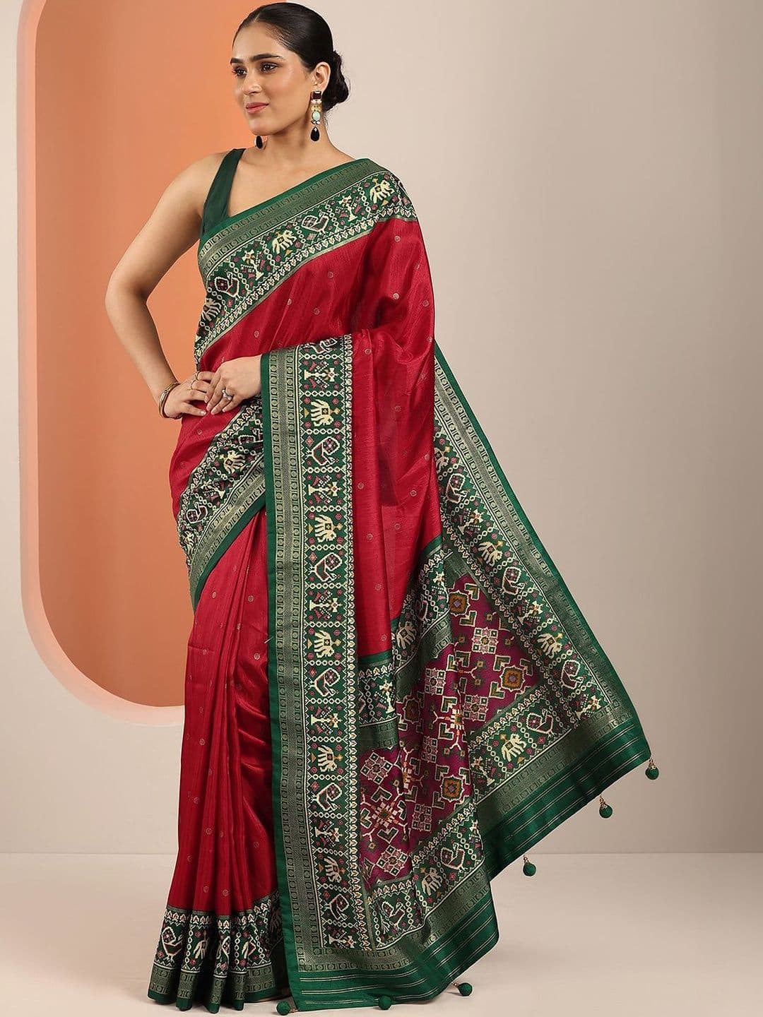 Libas Red Embellished Saree With Unstitched Blouse Piece - view 1