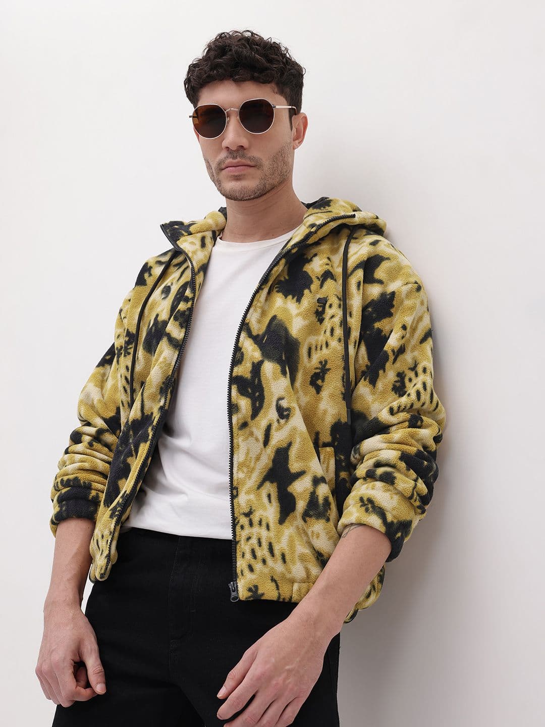The Roadster Life Co. Abstract Self Design Hooded Faux Fur Trim Bomber Jacket - view 1