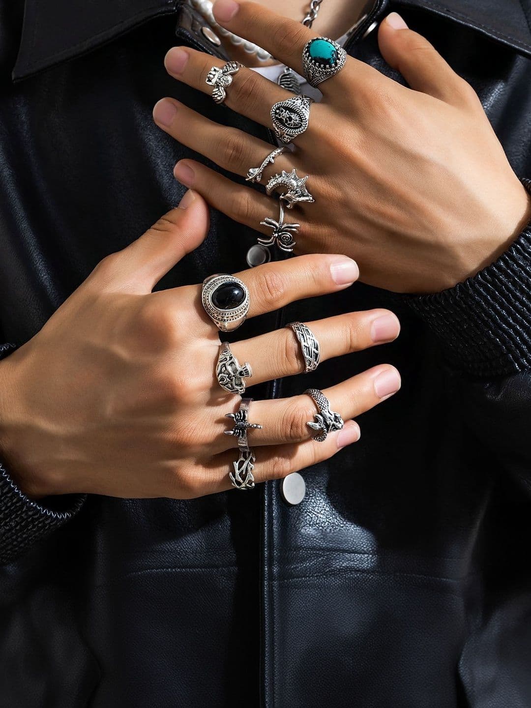 StyleCast x Revolte Men Set Of 11 Silver-Plated Stone-Studded Finger Ring - view 1