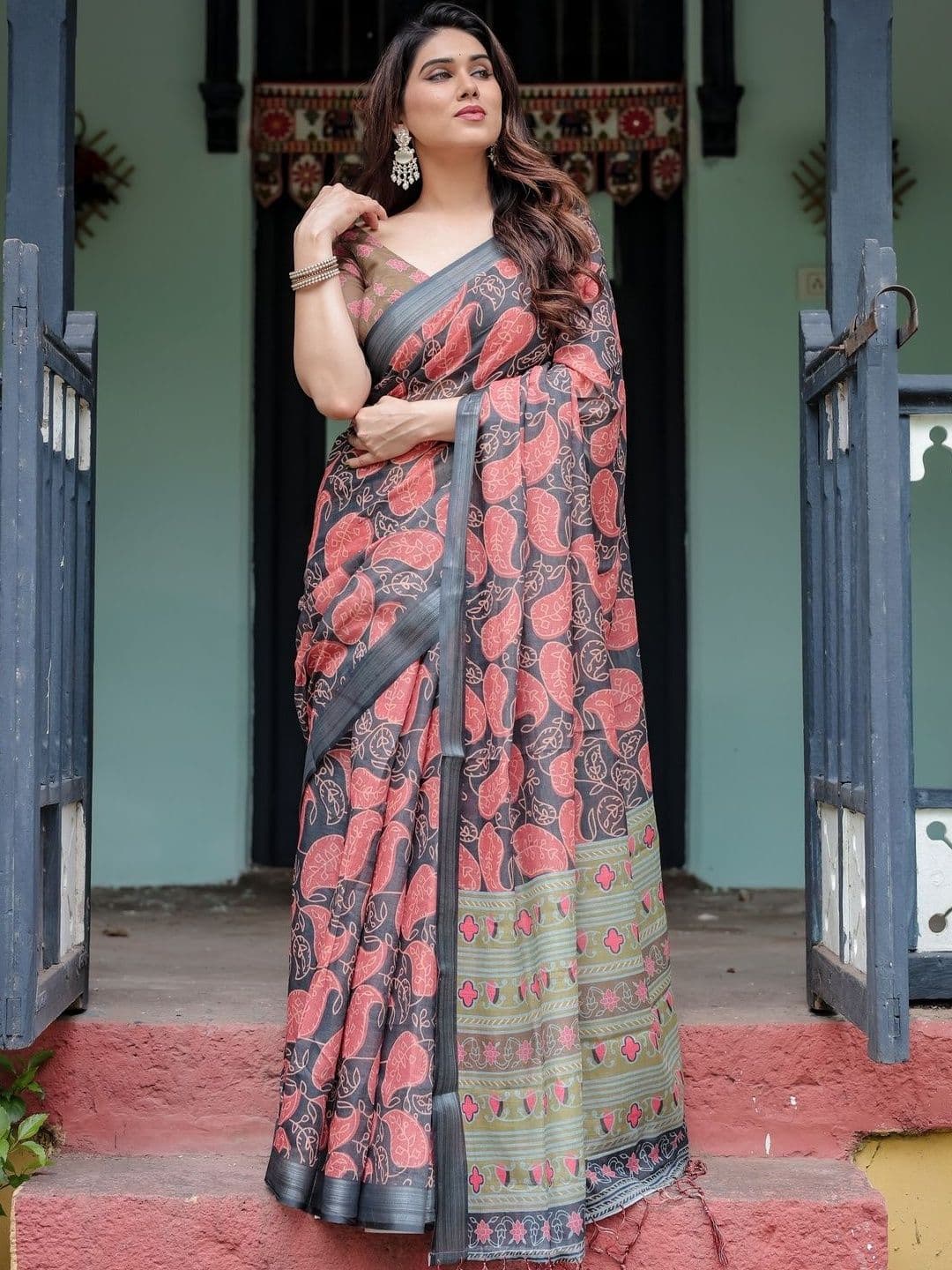 ALMAARI FASHION Paisley Printed Pure Linen Banarasi Saree - view 1