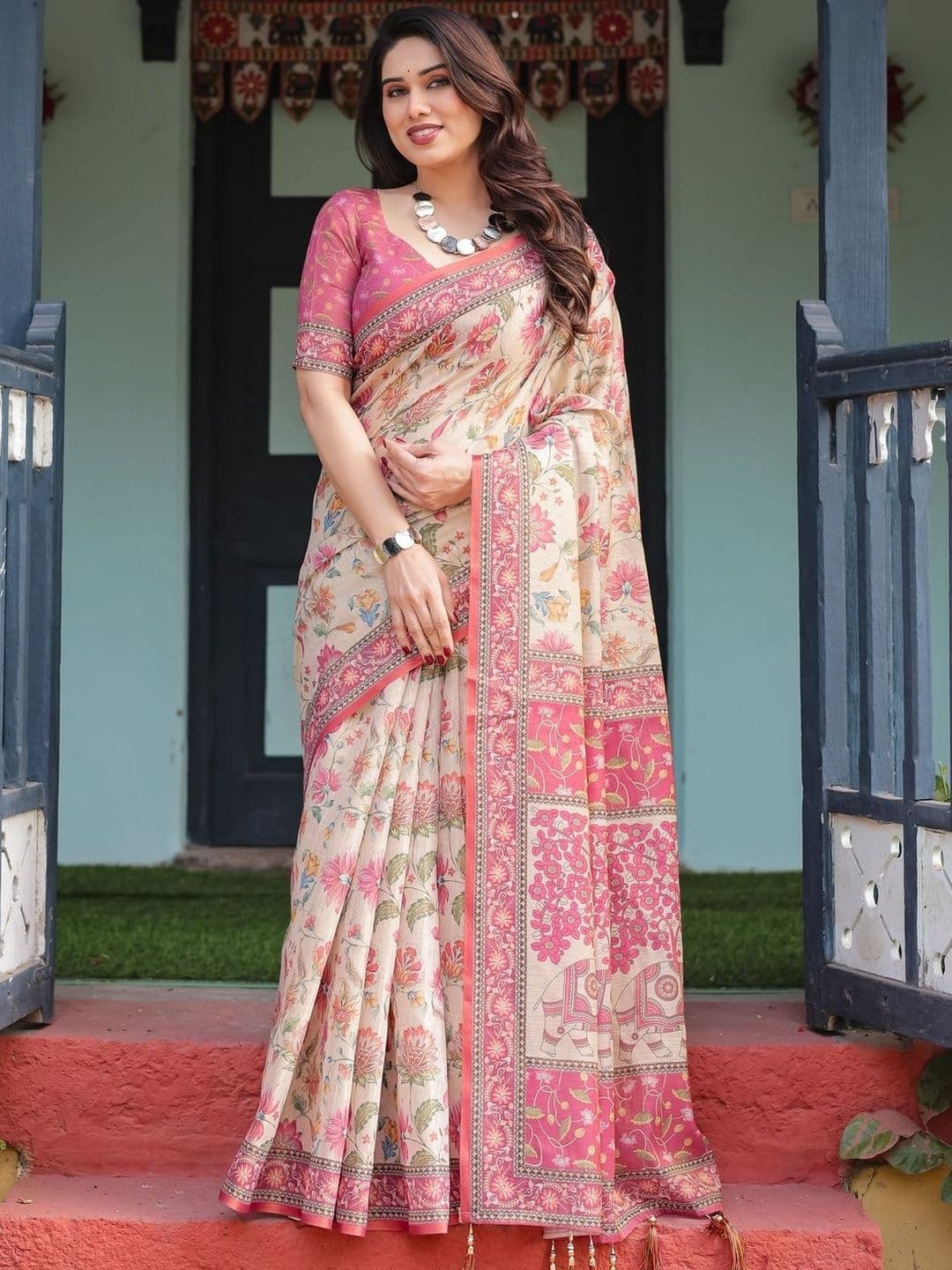 ALMAARI FASHION Floral Printed Pure Cotton Banarasi Saree - view 1