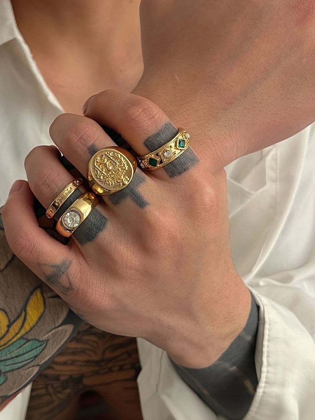 StyleCast x Revolte Men Set Of 3 Gold-Plated Artificial Stones Studded Finger Rings