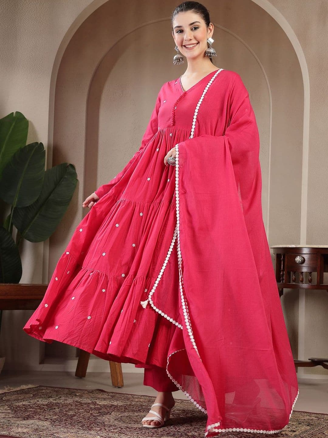 GULMOHAR JAIPUR Ethnic Motifs Embroidered Tiered Pure Cotton Kurta With Trouser & Dupatta Set - view 1