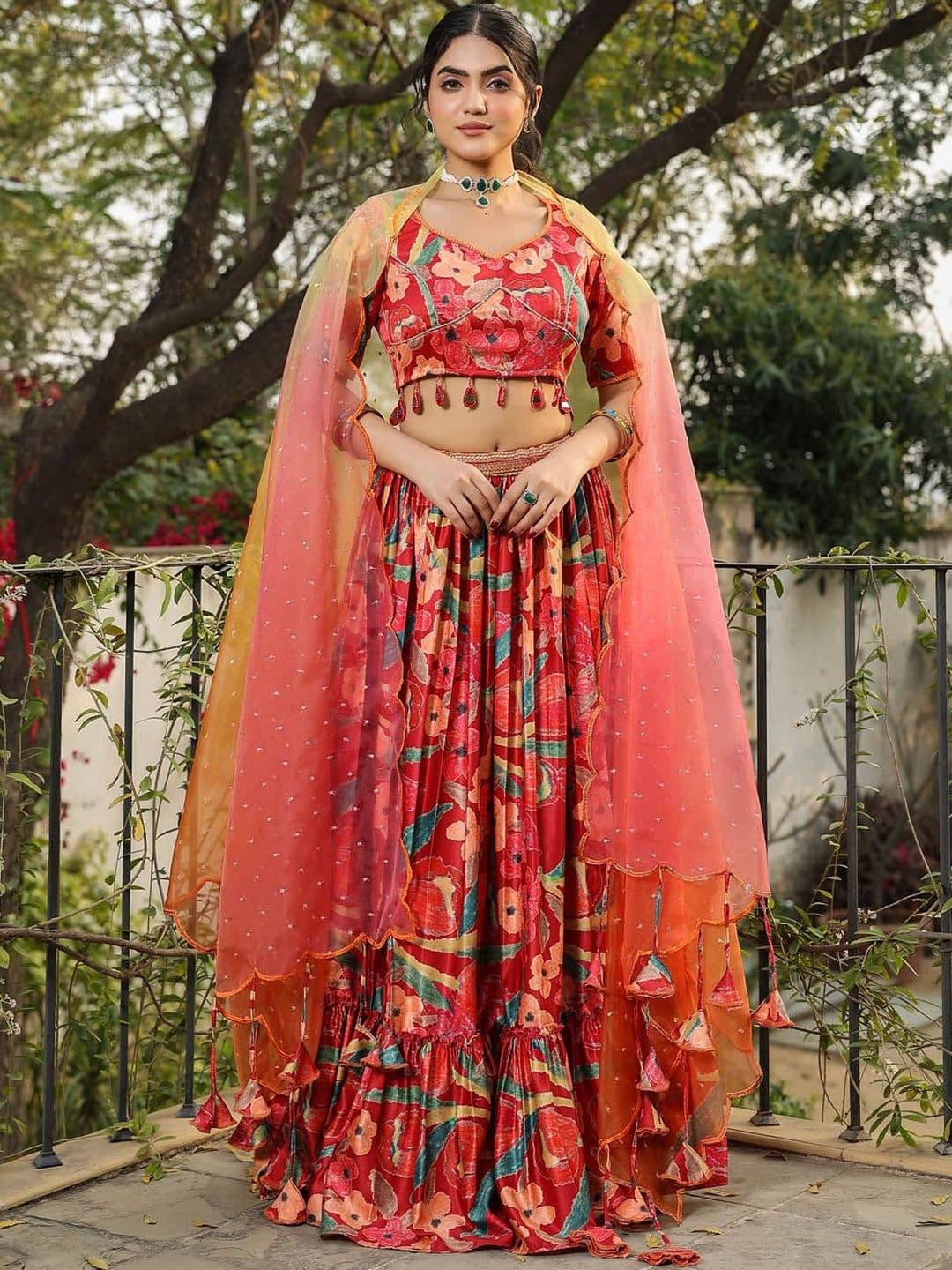 Anastay Clothing Floral Printed Satin Ready to Wear Lehenga & Blouse With Dupatta - view 1